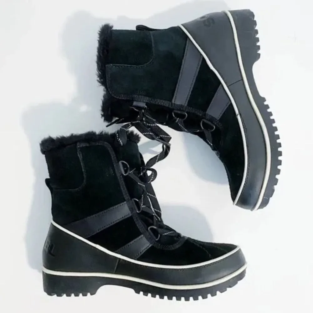 SOREL 7.5 Women’s Black White Trim Leather Suede Tivoli II Faux Fur Ankle Boots